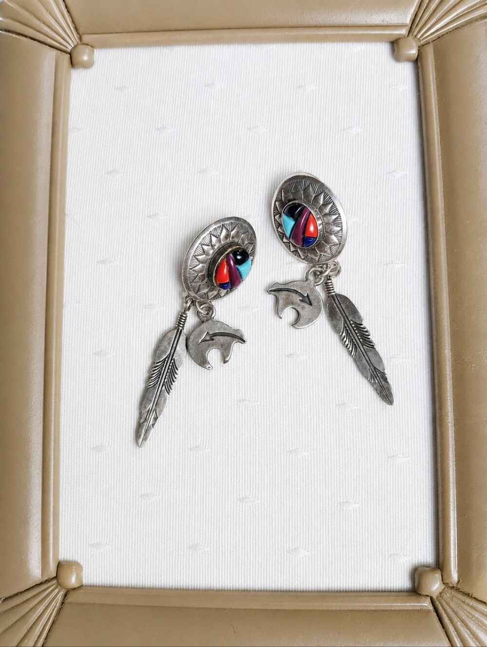 Vintage Q.T. Sterling Silver Southwestern Inlay Bear Feather Dangle Earring